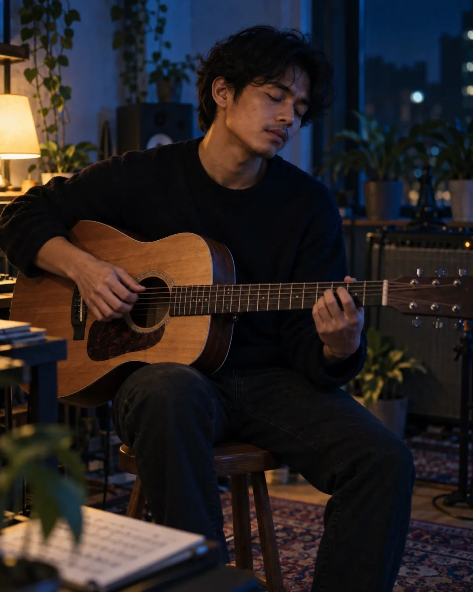 Guitarist fingerpicking an acoustic guitar with eyes closed