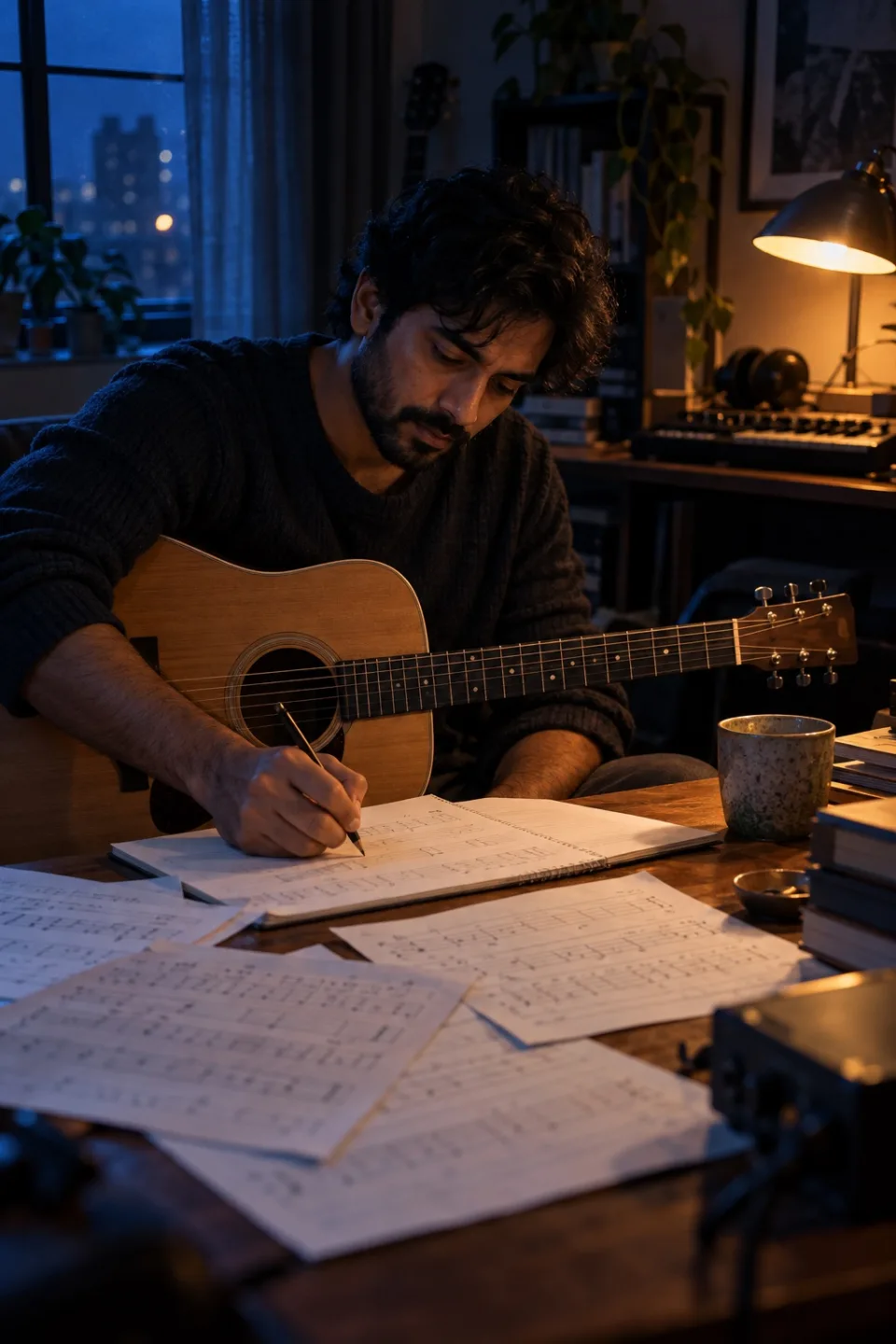 Guitarist pencilling notes with an acoustic guitar on his lap