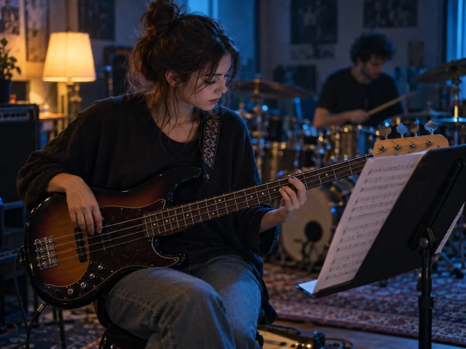 Bassist reading printed tab on a music stand