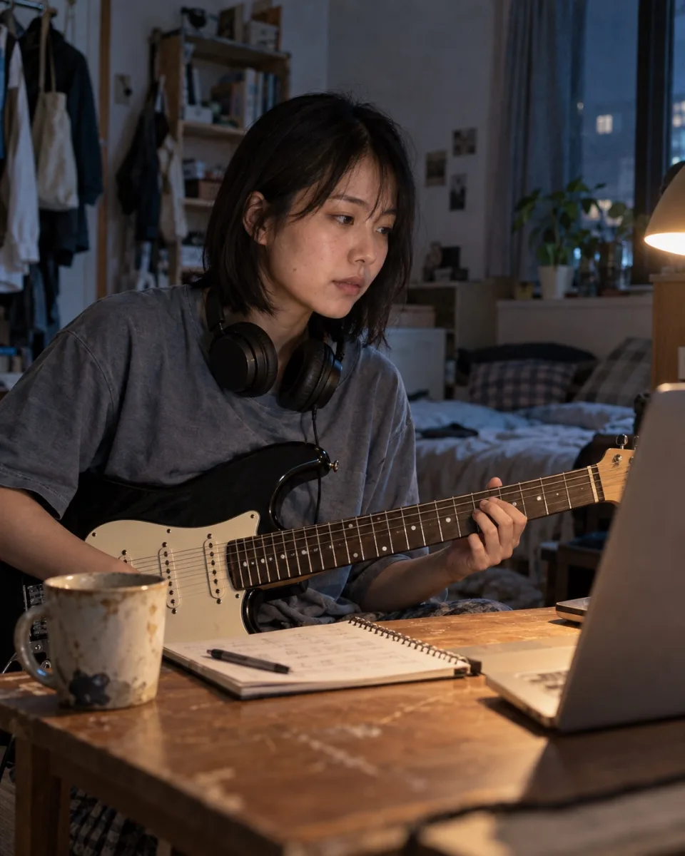 Guitarist practising at a desk beside a laptop