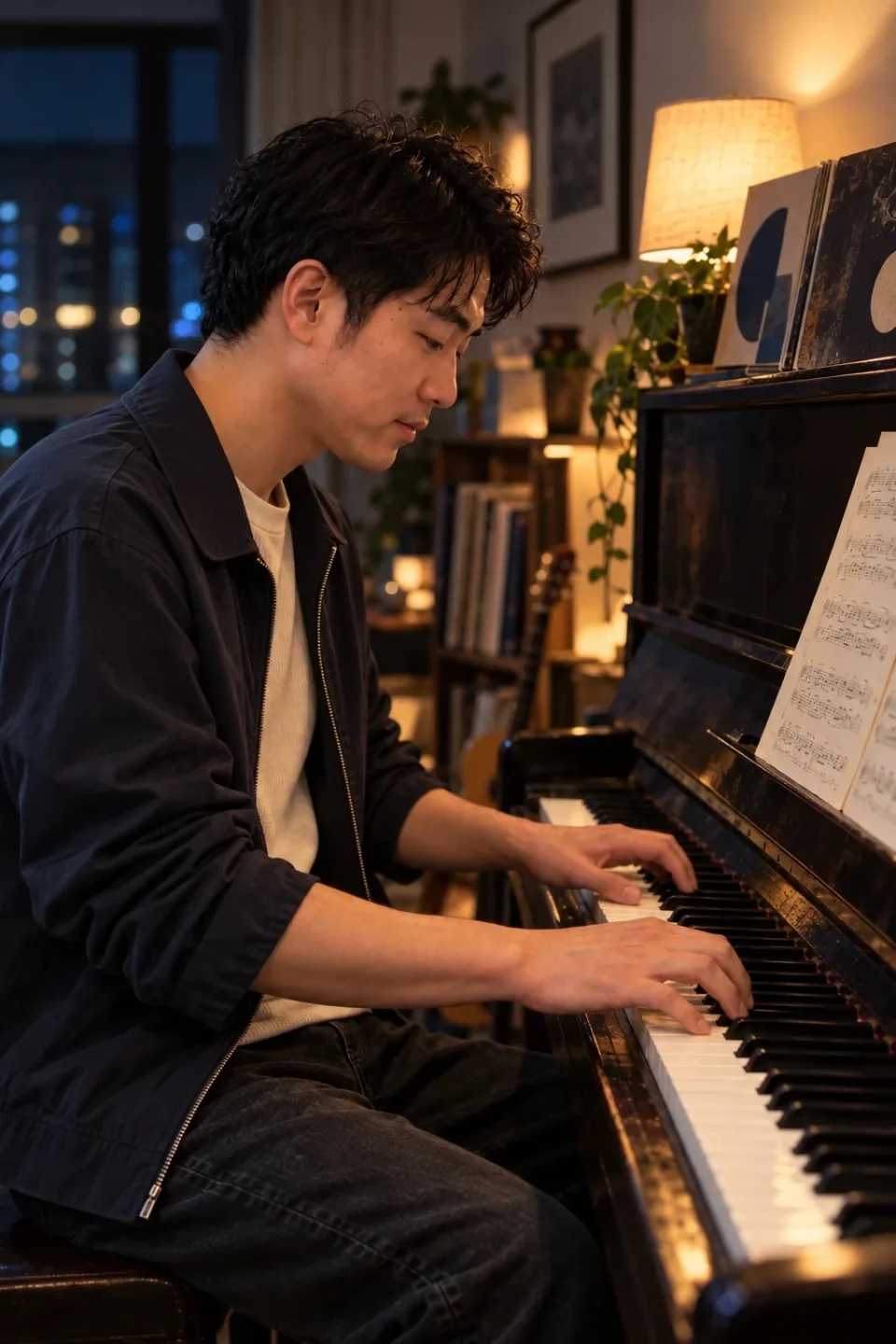 Pianist playing an upright piano with sheet music on the stand